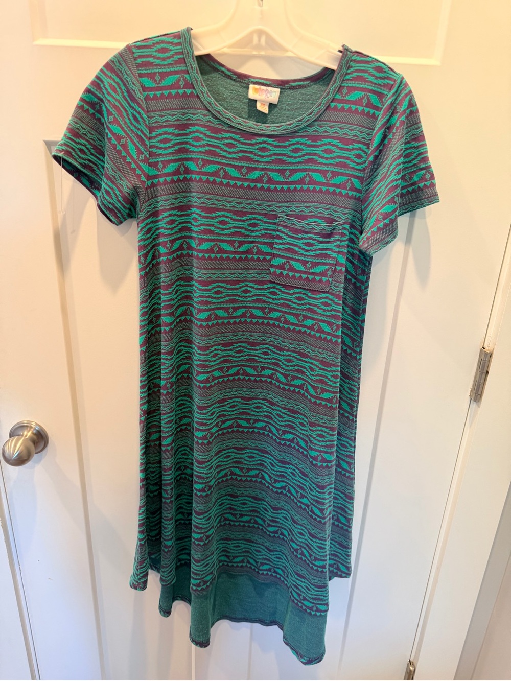 LuLaRoe Carly XS Teal Purple Geometric Swing Dress High Low Hem